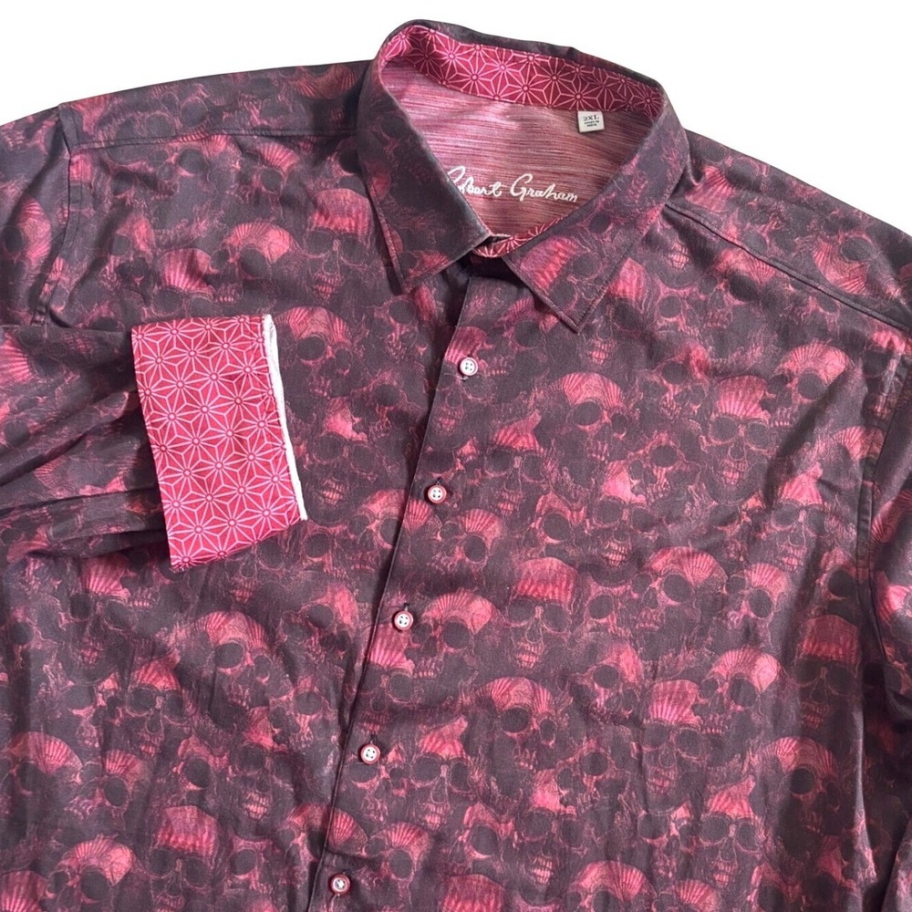 Robert Graham Halloween Skull Pattern Long Sleeve Dress Shirt Men 2XL Red Goth